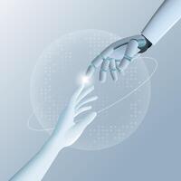 Human hand and android robot hand, technology, development of artificial intelligence, robotics, partnership, digitalization vector