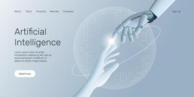 Web banner with robot hand holding processor, technology, machine learning, neural network, Artificial Intelligence AI landing page concept. vector