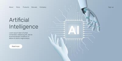 Web banner with robot hand holding processor, technology, machine learning, neural network, Artificial Intelligence landing page concept vector