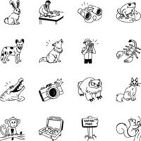 Set of Safari Animals and Adventure Doodle Style Icons vector