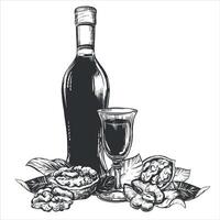 Walnut liqueur in engraving technique. Ripe walnut seeds whole and halves and leaves. Bottle of walnut liqueur, glass with aperitif. Linear sketch in black ink on white background. vector