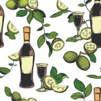 Bottle of Italian liqueur Nocino, glass with aperitif. seamless pattern in color engraving technique. Unripe walnut seeds whole and halves, leaves and branches. Linear sketch in ink. vector