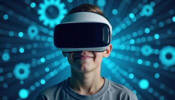 Boy with virtual reality headset or 3d glasses over blue technology background photo
