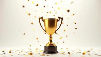 Golden trophy cup with confetti on white background for winner or victory in competition photo