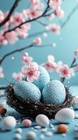 Blue easter eggs in nest with sakura flowers on blue vertical background photo