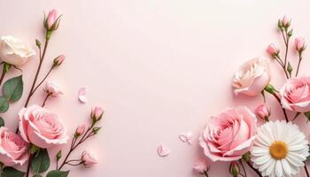 Flowers composition. Frame made of pink roses, daisies on pastel pink background. Flat lay, top view with copy space photo