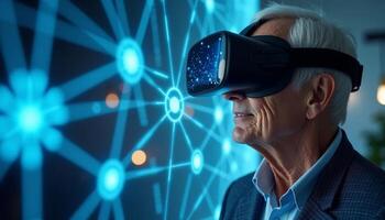 Senior man using virtual reality headset against blue glowing network design over dark background photo
