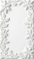 floral vertical frame on white background, copy space for text, top view photo