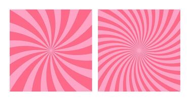 Set of Two Abstract Magenta Spiral Patterns on Pink Background. Square Posters with Pink Purple Groovy Hypnotic Swirls, Retro Inspired Grunge Sun Bursts vector