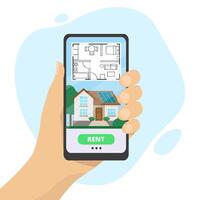 A hand holding mobile device with rent home app displaying blueprint of a house. Considering purchase of a property. Illustration for real estate platforms, showcasing rental properties vector