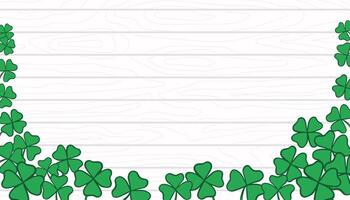 St. Patrick s Day Template with copy space. Green leaves on white wooden texture backdrop. Shamrock and clover frame, banner, background vector