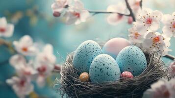 Easter eggs in the nest on a blue background with spring flowers photo