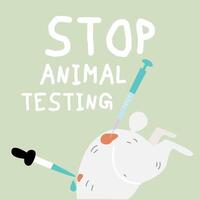 Stop animal testing cartoon illustration. Cruelty free bright poster with rabbit. Protest against laboratory work. For products that not tested on animals. Animals protection concept vector