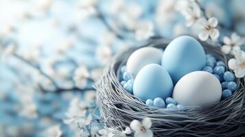 Easter eggs in nest with blooming branches on light blue background with copy space for text photo
