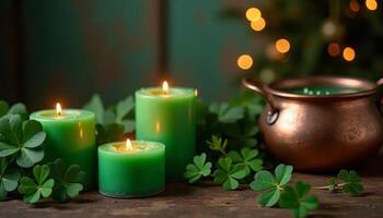 St. Patrick's Day background with green clover leaves and burning candles photo