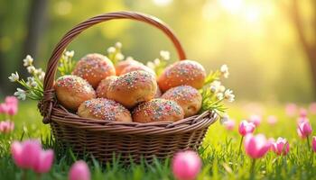 Basket with easter buns on green grass in spring garden with copy space for text photo