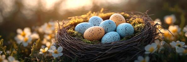 Banner with easter eggs in a nest on a background with spring flowers photo