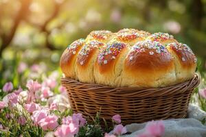 Basket of easter bread with colorful sprinkles and pink flowers on nature background photo