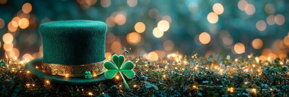 Banner St. Patrick's Day background with green hat, shamrock and bokeh lights with copy space for text photo