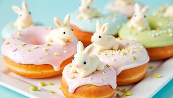 Easter cute bunny donuts with icing and sprinkles on blue background photo