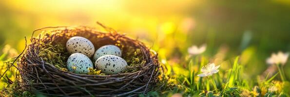 Easter eggs in the nest on a green grass. Easter background with copy space for text photo