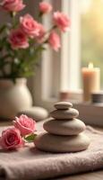 Stack of spa stones and roses on table near window. Zen concept photo