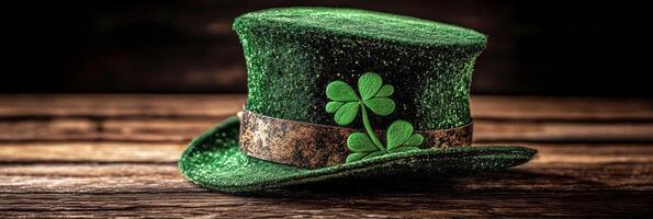Banner St. Patrick's Day hat with clover leaf on wooden background with copy space for text photo
