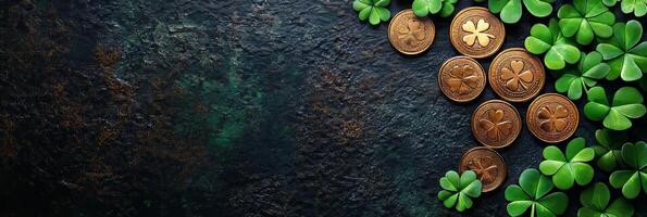 Banner of St. Patrick's Day background with clover leaves, gold coins and copy space for text photo