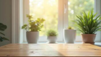 Wooden tabletop on home blurred background of window and plant in pot with copy space for text photo