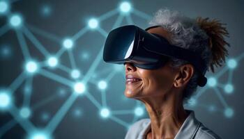 Smiling elderly businesswoman using virtual reality headset against blue vr background photo