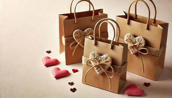 Shopping bags with hearts on light background. Valentine's Day or woman day concept photo