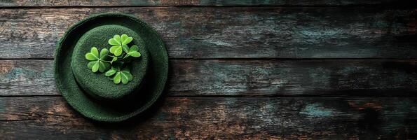 Green hat with clover leaves on old wooden background. St. Patrick's Day concept with copy space for text photo