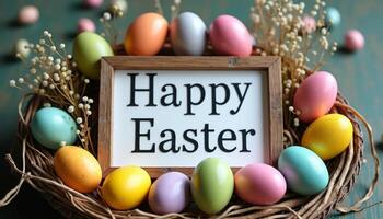 Colorful easter eggs in nest and lettering Happy Easter on wooden background photo
