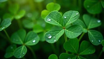 Green clover leaves with water drops close up. Nature background photo