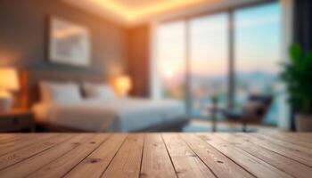 Wooden tabletop with blur bedroom background, product display montage photo