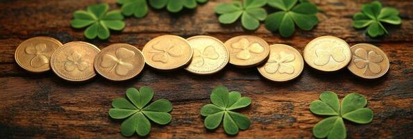 Coins with clover leaves on wooden background, St. Patrick's Day with copy space for text photo