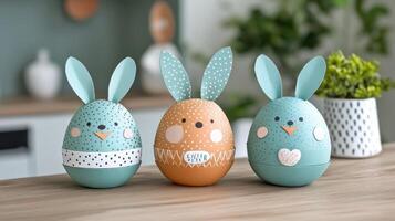 Easter DIY eggs with bunny ears on wooden table in kitchen, closeup photo