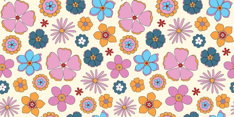 70s retro groovy floral seamless pattern. Flower power. Spring and summer meadow. Retro revival vibes. Background, digital paper, wallpaper. Vintage. .