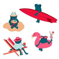 A set of four cartoon frogs in different beach poses, enjoying summer activities. vector