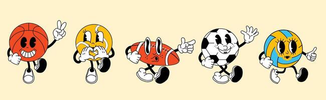 A set of retro cartoon style sport ball characters featuring a groovy 70s inspired design. Each ball has a fun, expressive face with bold colors, vintage textures, and playful details vector