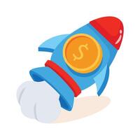 Rocket with a dollar sign denoting financial launch 3d icon vector