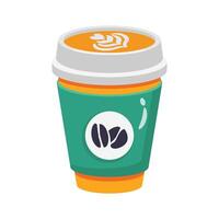 A cartoon style graphic of a disposable coffee cup, likely a latte, featuring a decorative latte art design on top vector