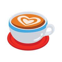 A cartoon style illustration of a coffee cup filled with a latte, featuring a heart-shaped latte art design. vector