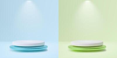 Podiums 3d realistic blue and green backgrounds set with spotlight effect vector