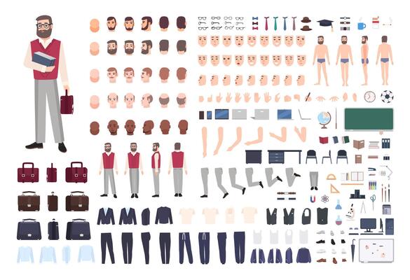 Male teacher constructor or DIY kit. Collection of teaching professor's body parts, hand gestures, clothing isolated on white background. Front, side and back views. Cartoon illustration.