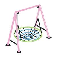 Swing with suspended round net seat isolated on white background. Outdoor playground device or tool for kid's play activity and amusement. Colorful illustration in flat cartoon style. vector