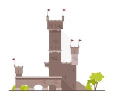 Ancient castle, fortress, citadel or stronghold with towers and arches isolated on white background. Stone building of beautiful medieval architecture. Flat cartoon colorful illustration. vector