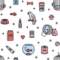 Seamless pattern with pet shop products and funny domestic animals on white background. Colorful illustration in modern linear style for fabric print, wrapping paper, wallpaper, backdrop vector