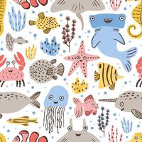 Seamless pattern with cute funny marine animals or underwater creatures on white background. Backdrop with happy sea and ocean dwellers. Childish flat cartoon illustration for textile print. vector