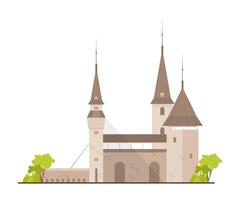 Old European castle, fortress or stronghold with towers and drawbridge isolated on white background. Royal residence of fantasy medieval architecture. Flat cartoon colorful illustration. vector